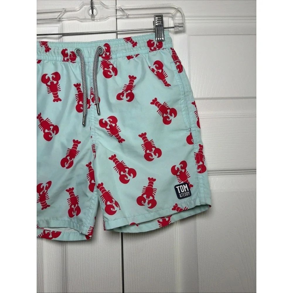 Tom & Teddy‎ Lobster Print Swim Trunks Boys Size 7/8 Blue Red Beach Shorts Mesh